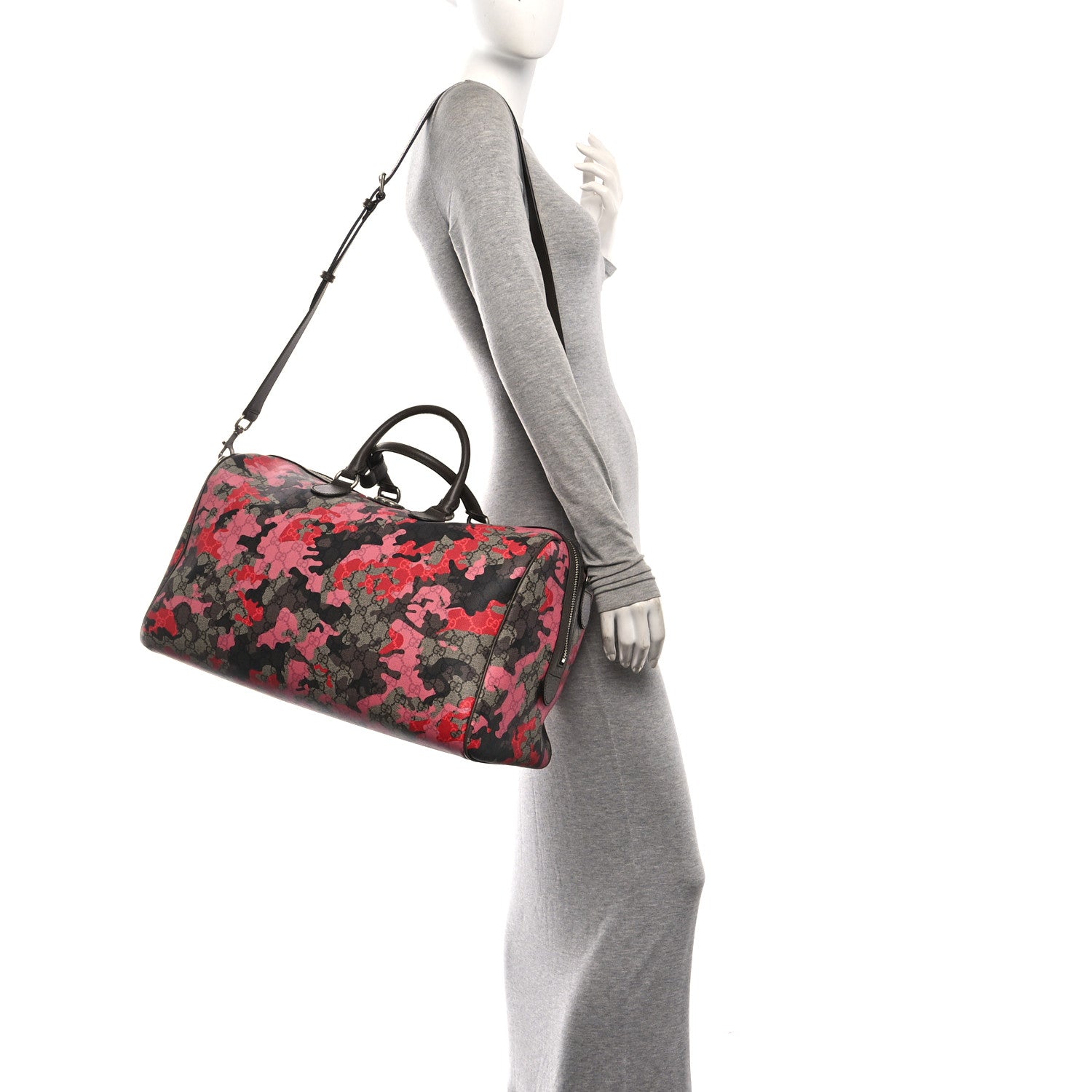 Gucci GG Supreme Monogram Camouflage Textured Dollar Calfskin Medium Savoy Duffle Bag Beige Pink Red 2 of 10