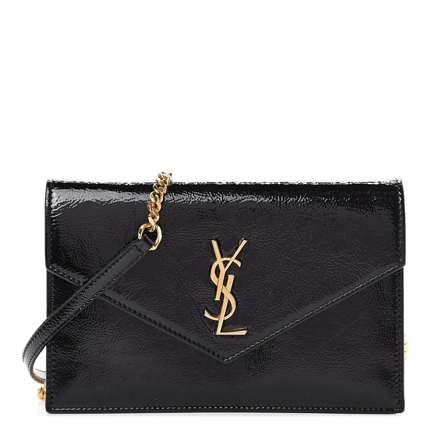 Textured Patent Monogram Envelope Chain Wallet Black
