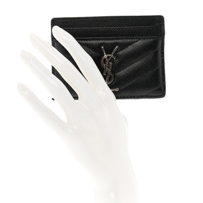 Saint Laurent Grain De Poudre Matelasse Chevron Monogram Credit Card Case Black 2 of 10