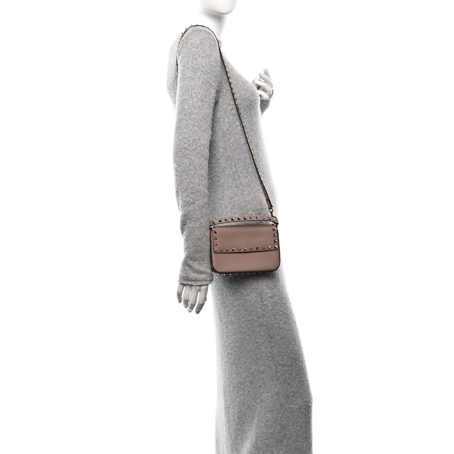 Grainy Calfskin Rockstud Crossbody Pouch Poudre