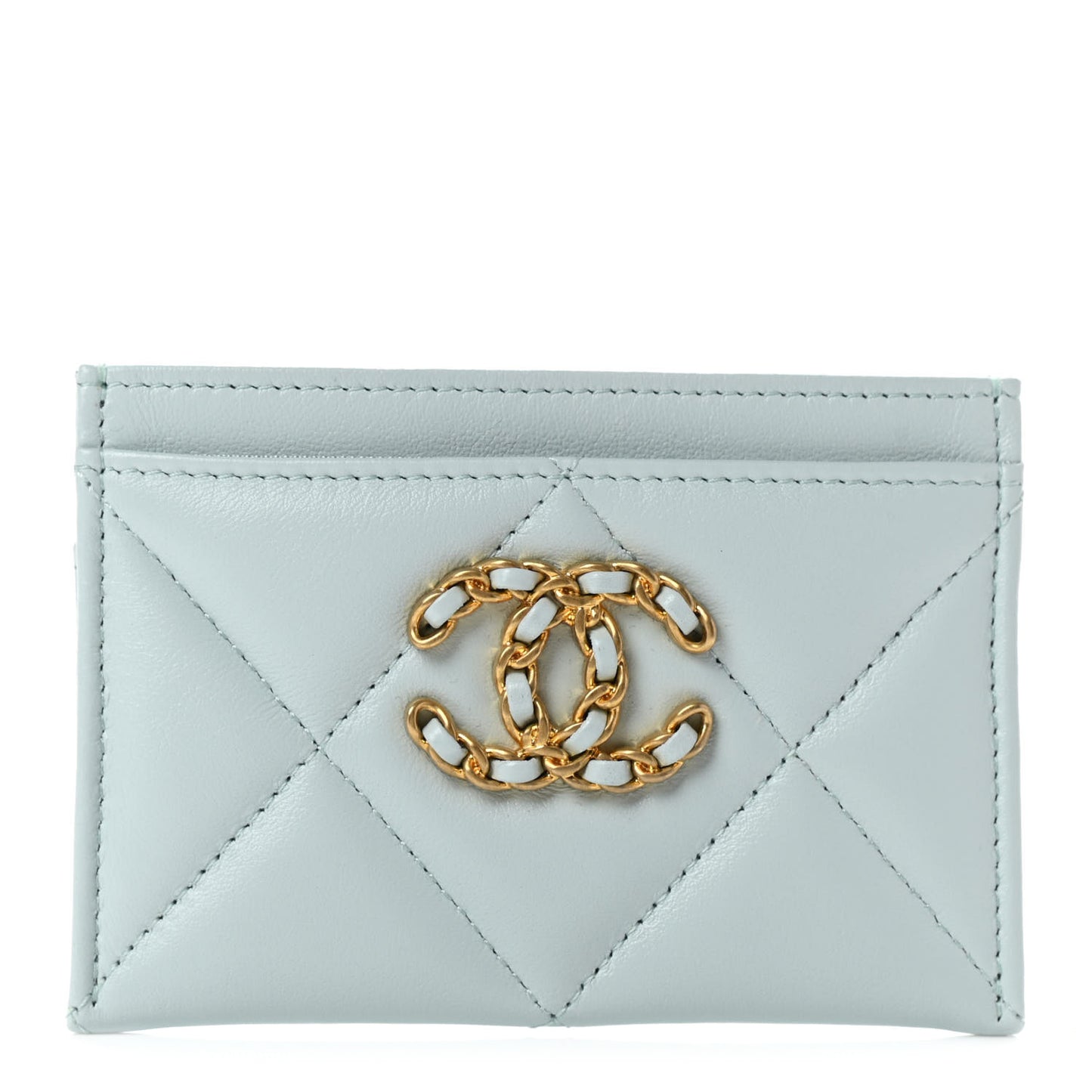 Lambskin Quilted Chanel 19 Card Holder Light Blue
