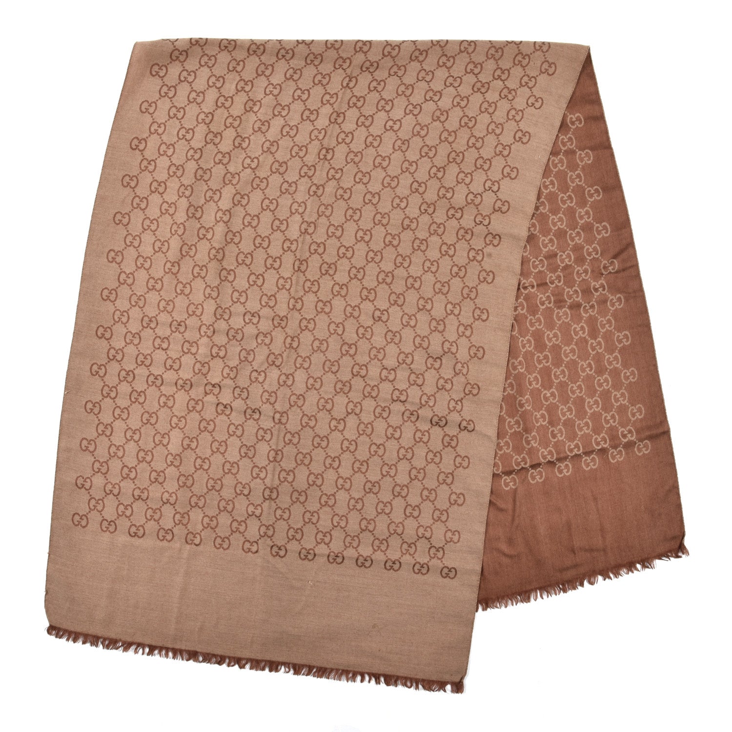 Gucci Wool Silk GG Monogram Fringe Scarf Brown 2 of 4