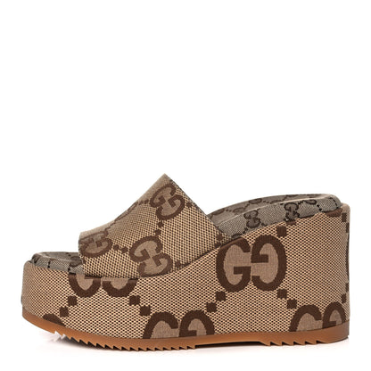 Gucci Monogram Jumbo GG Platform Slide Wedge Sandals 39 Camel Ebony 1 of 10