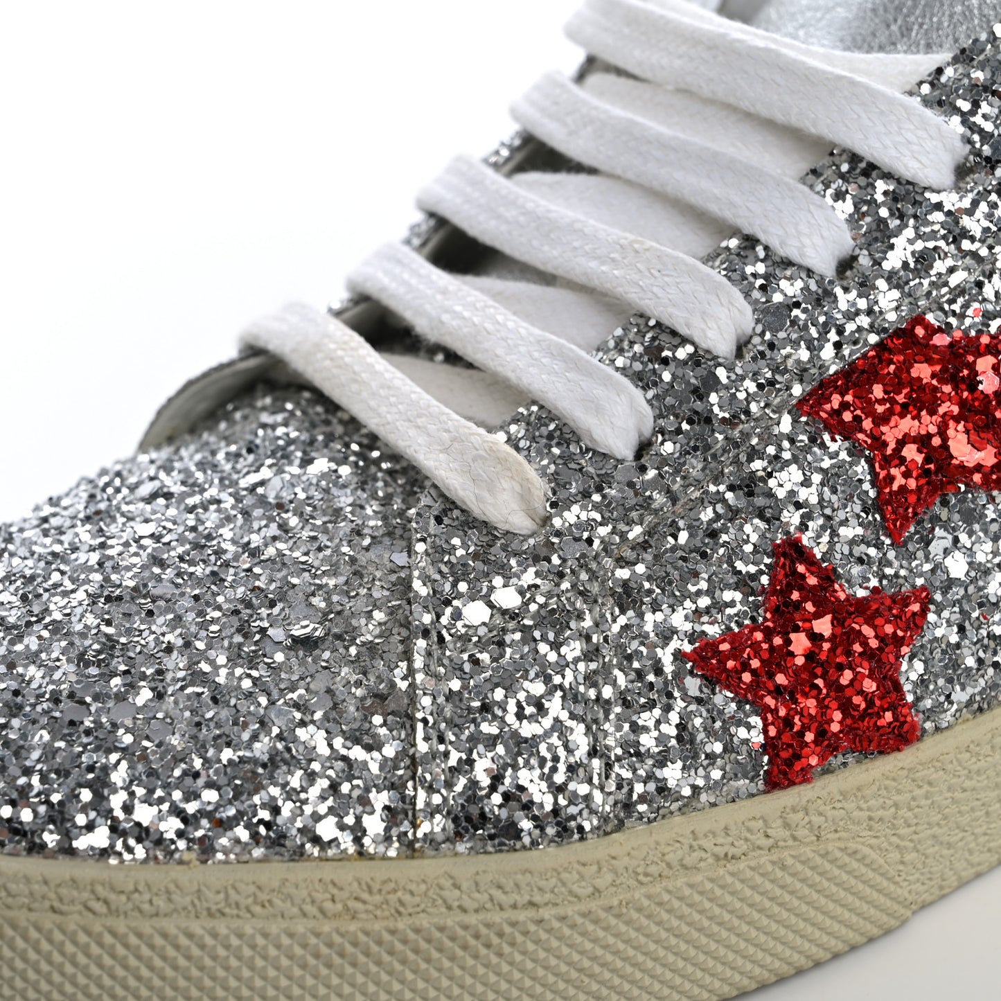 Calfskin Glitter Star Court Sneakers 40 Silver Red