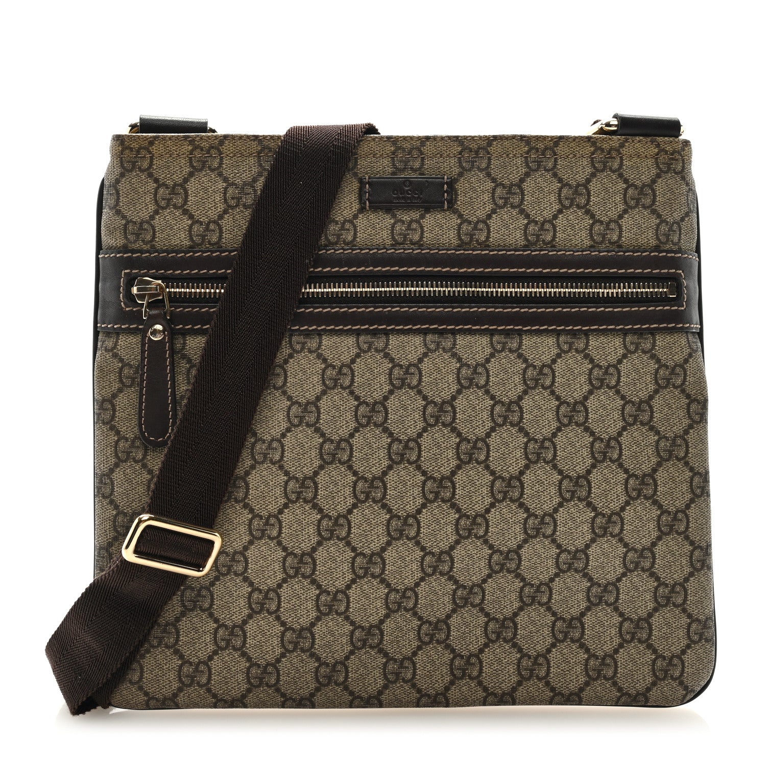 Gucci GG Supreme Monogram Selleria Calfskin Small Flat Side Zip Messenger Bag Beige Ebony Cocoa Dark Chocolate 1 of 8