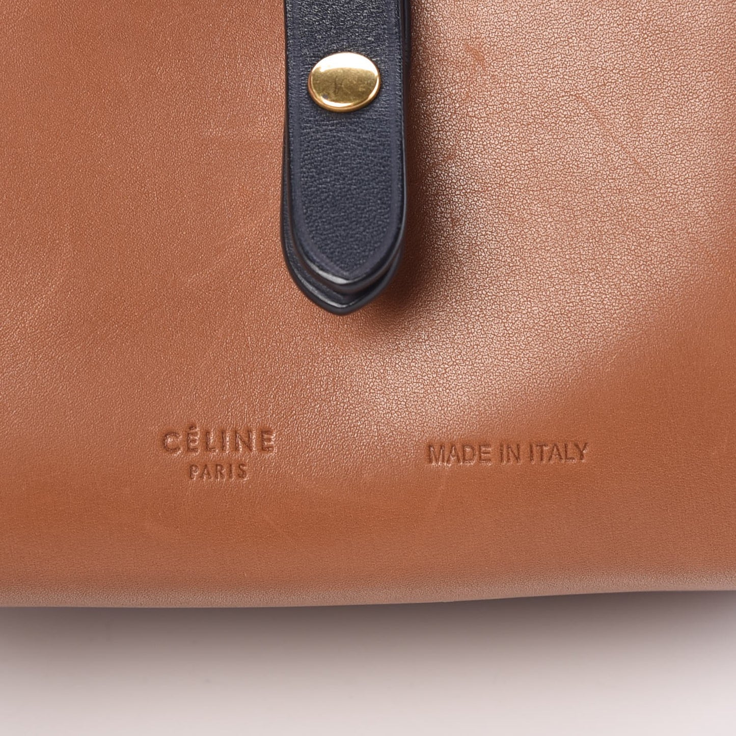 Sleek Calfskin Box On Strap Bag Camel Navy