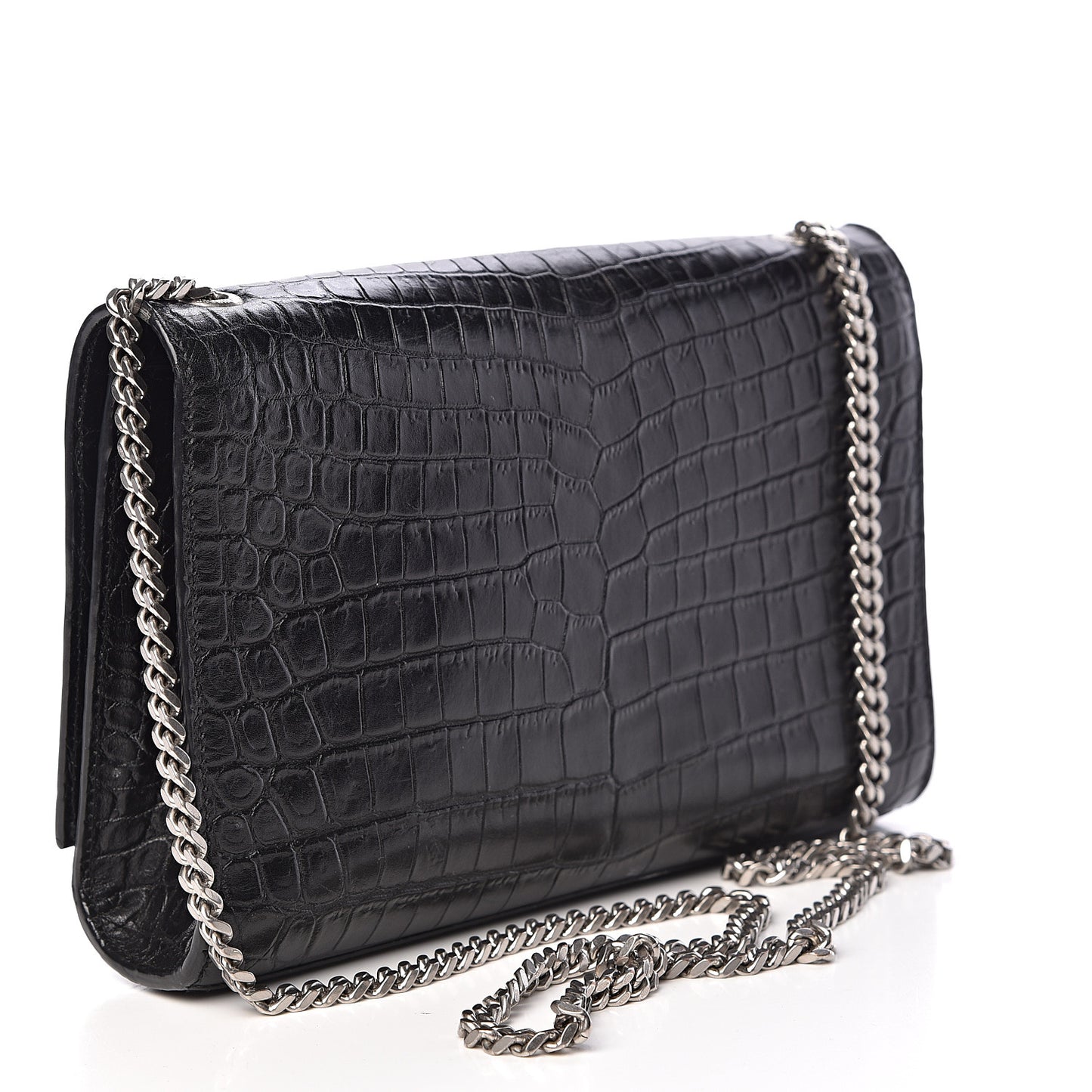 Calfskin Crocodile Embossed Medium Classic Monogram Kate Tassel Satchel Black