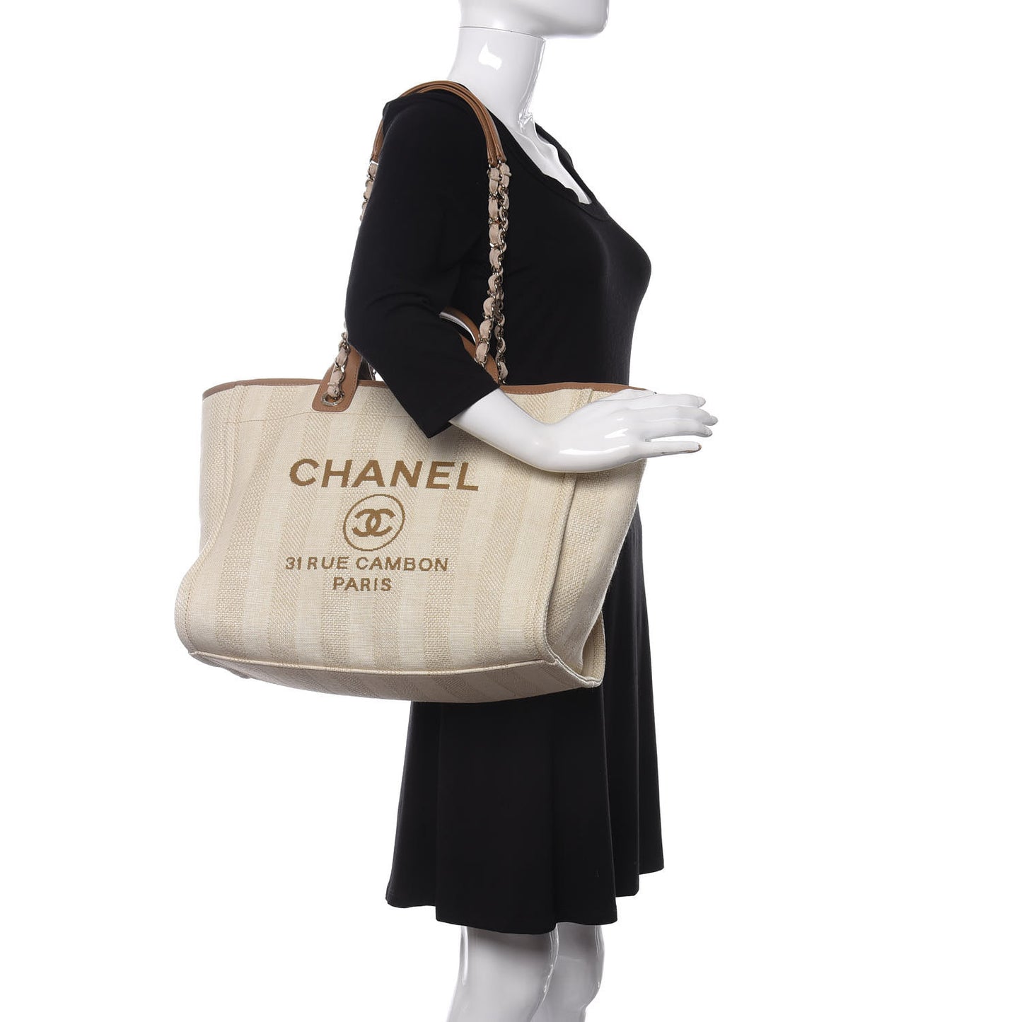 Mixed Fibers Striped Medium Deauville Tote Beige