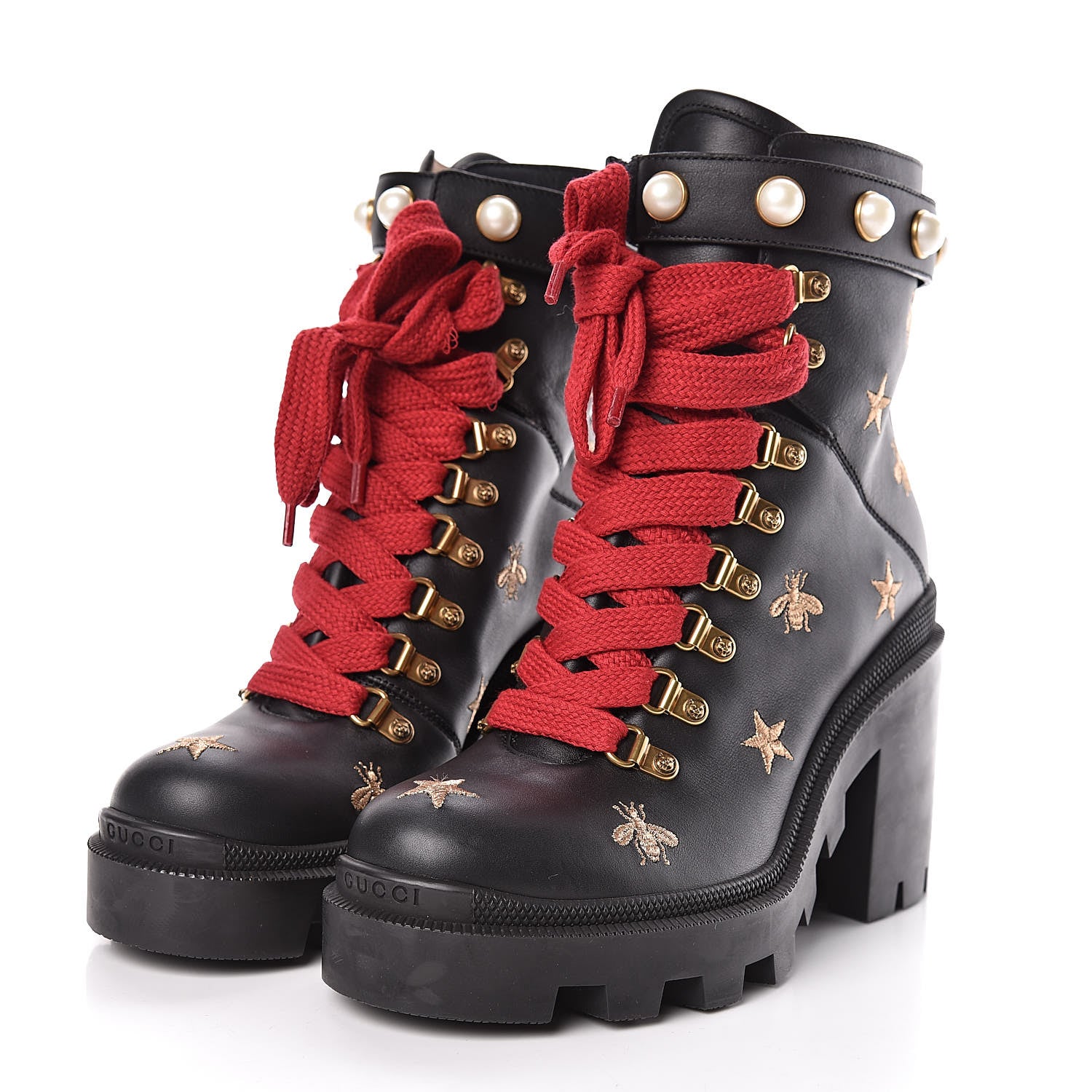 Gucci Calfskin Embroidered Lace Up Combat Ankle Boots 38.5 Black 3 of 10