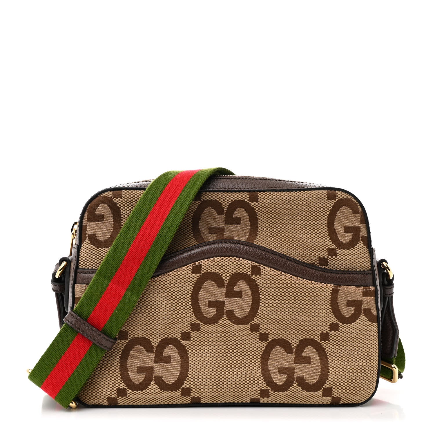Gucci Monogram Jumbo GG Textured Dollar Calfskin Web Messenger Shoulder Bag Camel Ebony New Acero 1 of 11