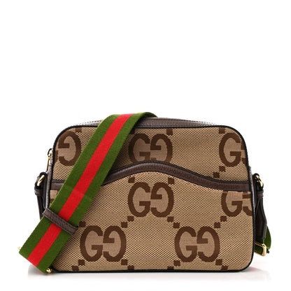Gucci Monogram Jumbo GG Textured Dollar Calfskin Web Messenger Shoulder Bag Camel Ebony New Acero 1 of 11