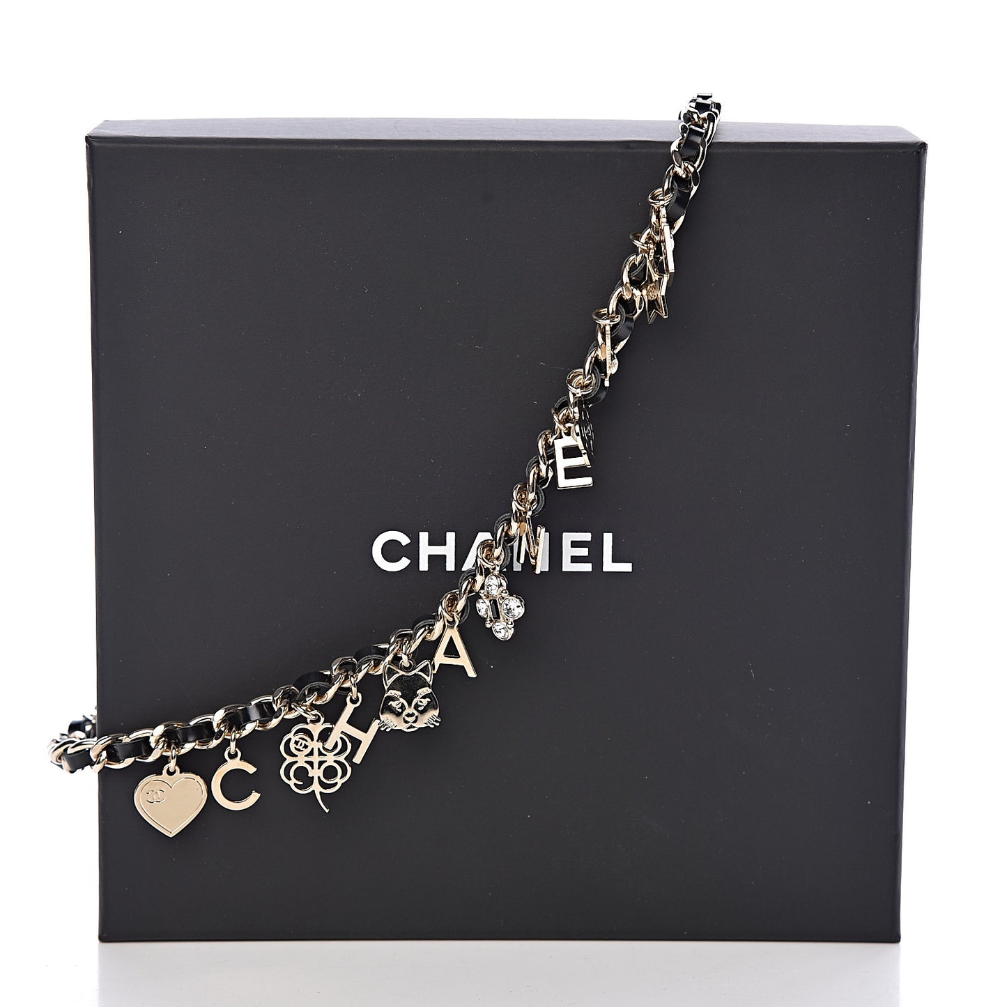 Glazed Calfskin Crystal Pearl Charm Short Necklace Black Gold