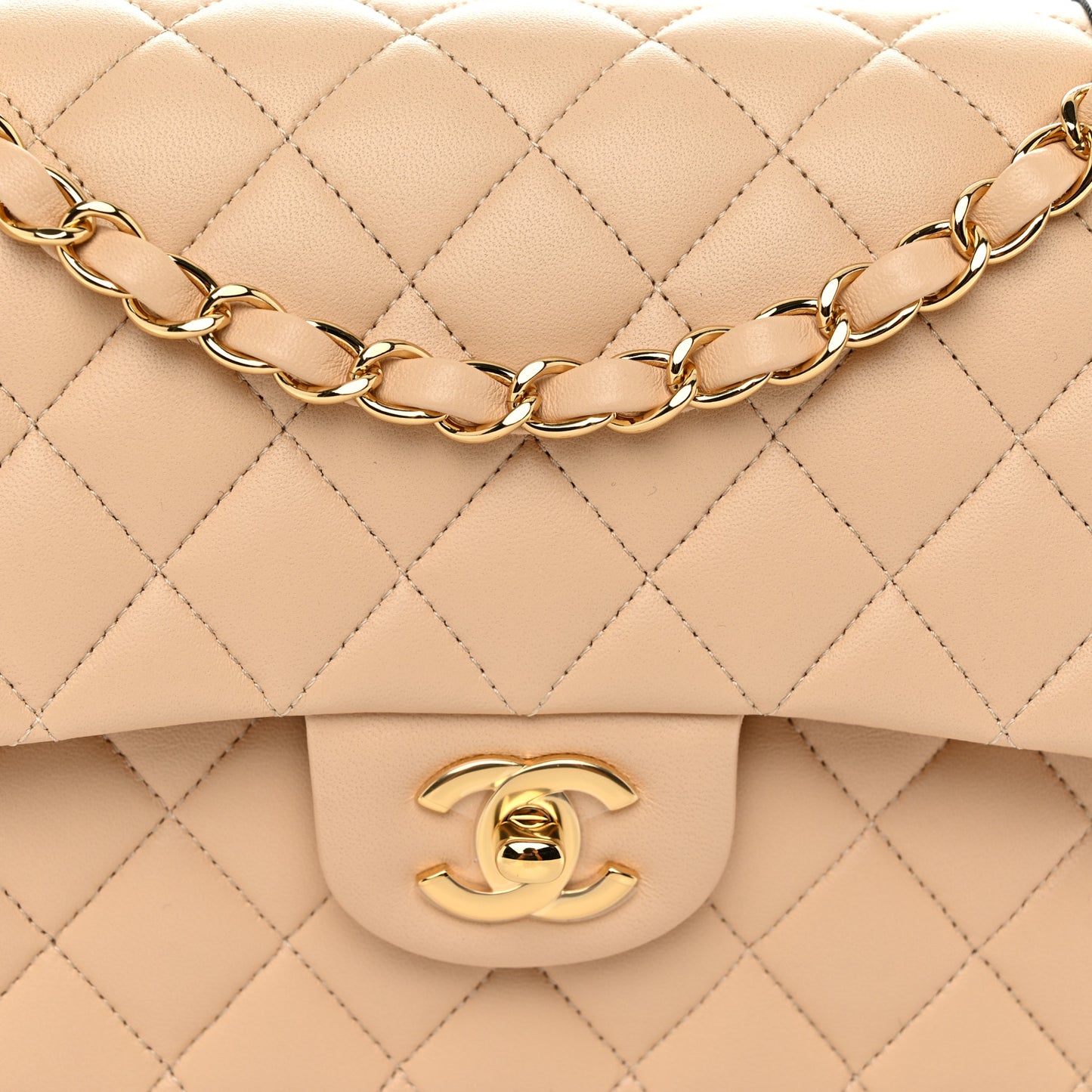 Lambskin Quilted Medium Double Flap Beige