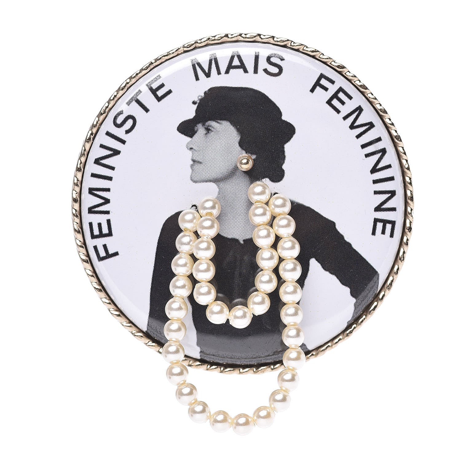 Chanel Metal Resin Pearl Printed Feministe Maize Feminine Brooch White Gold 1 of 4