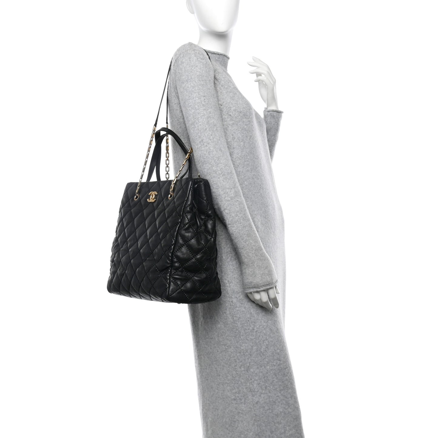 Calfskin Quilted Large Retro Chain Tote Black