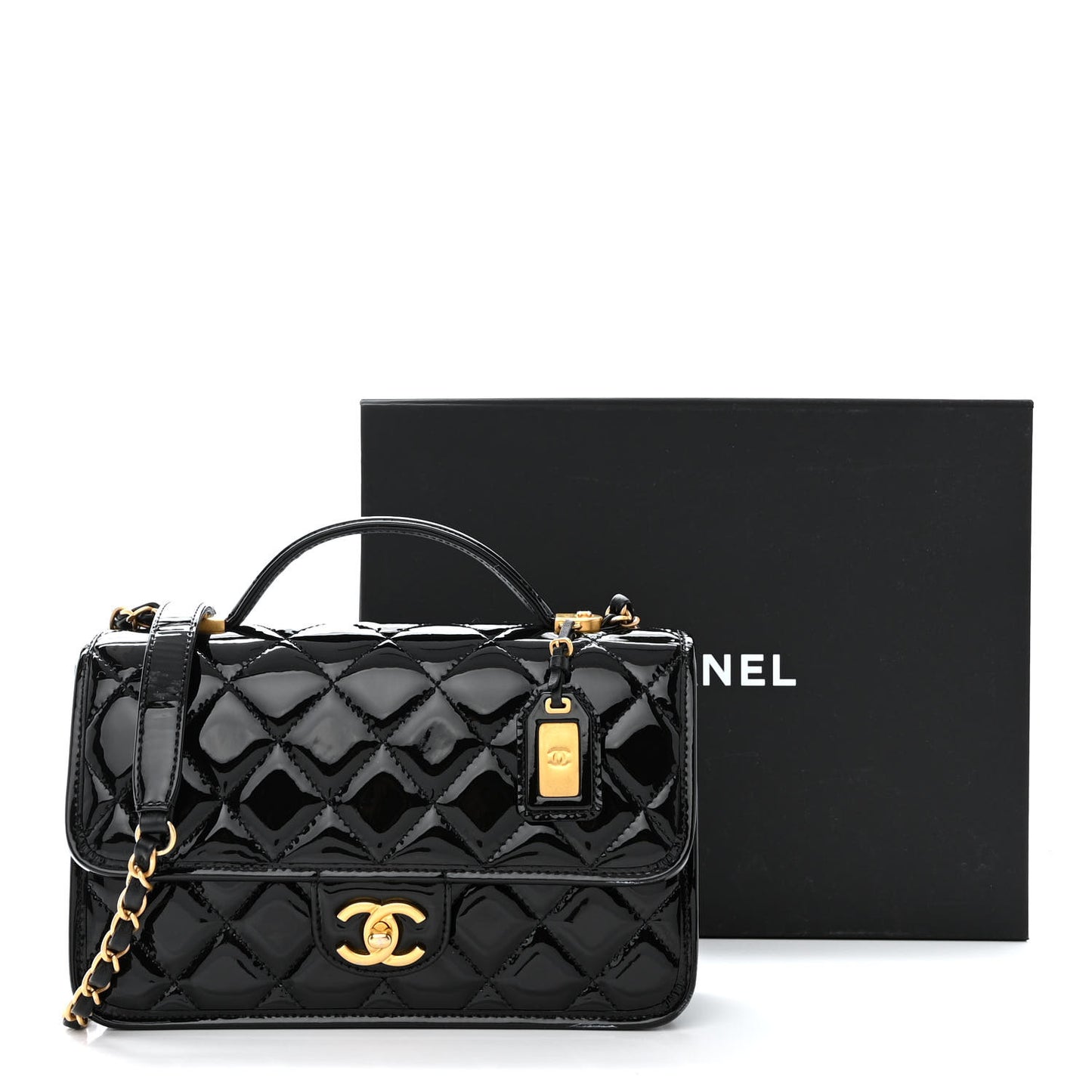 Patent Quilted Small School Memory Top Handle Flap Black