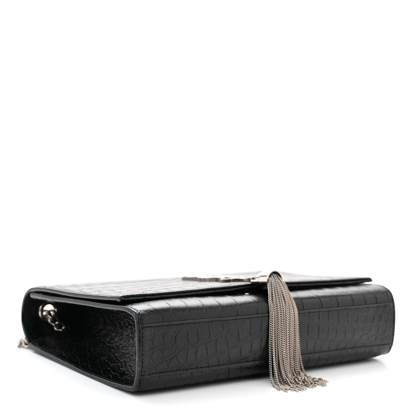 Calfskin Crocodile Embossed Medium Classic Monogram Kate Tassel Satchel Black