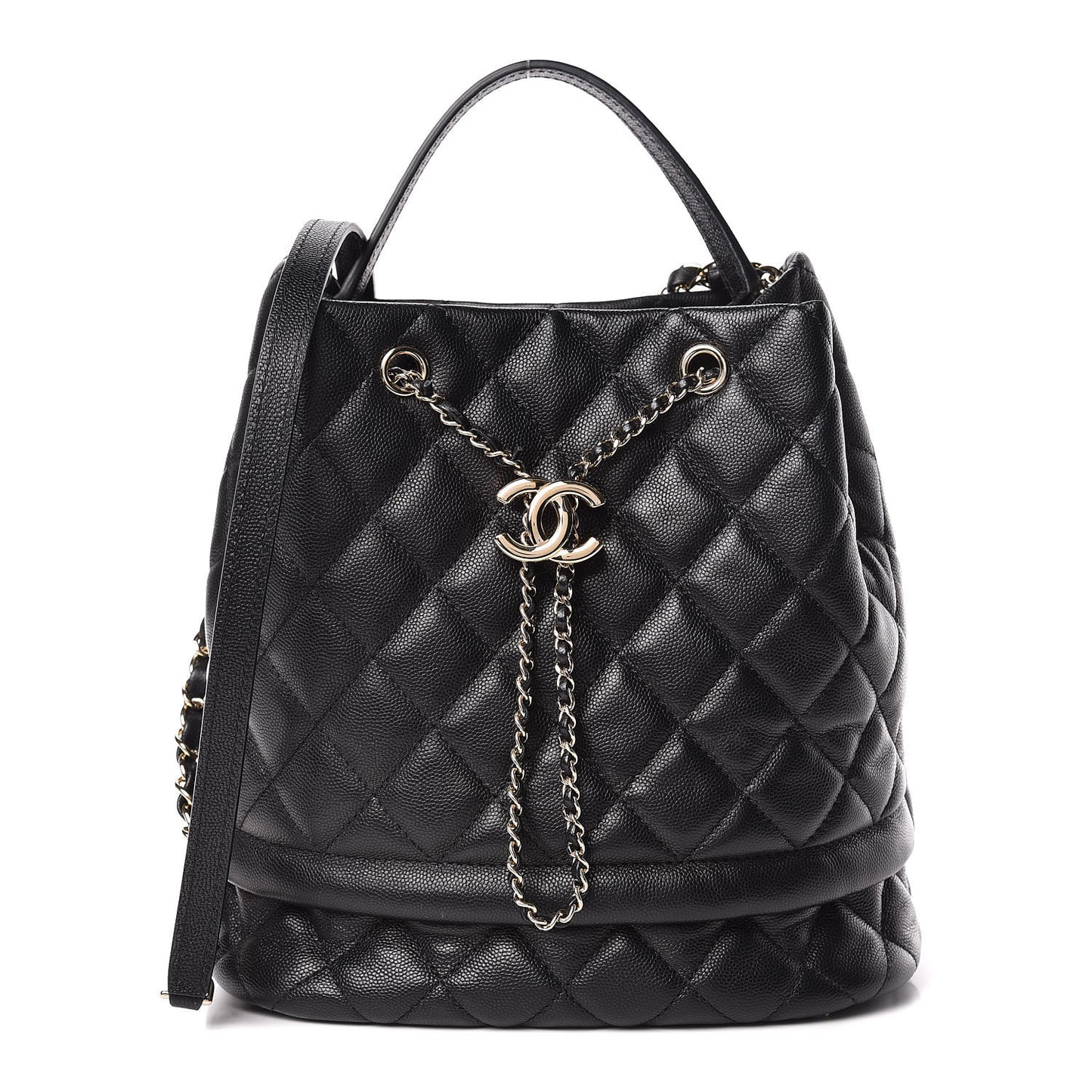 Caviar Quilted Large Rolled Up Bucket Drawstring Bag Black