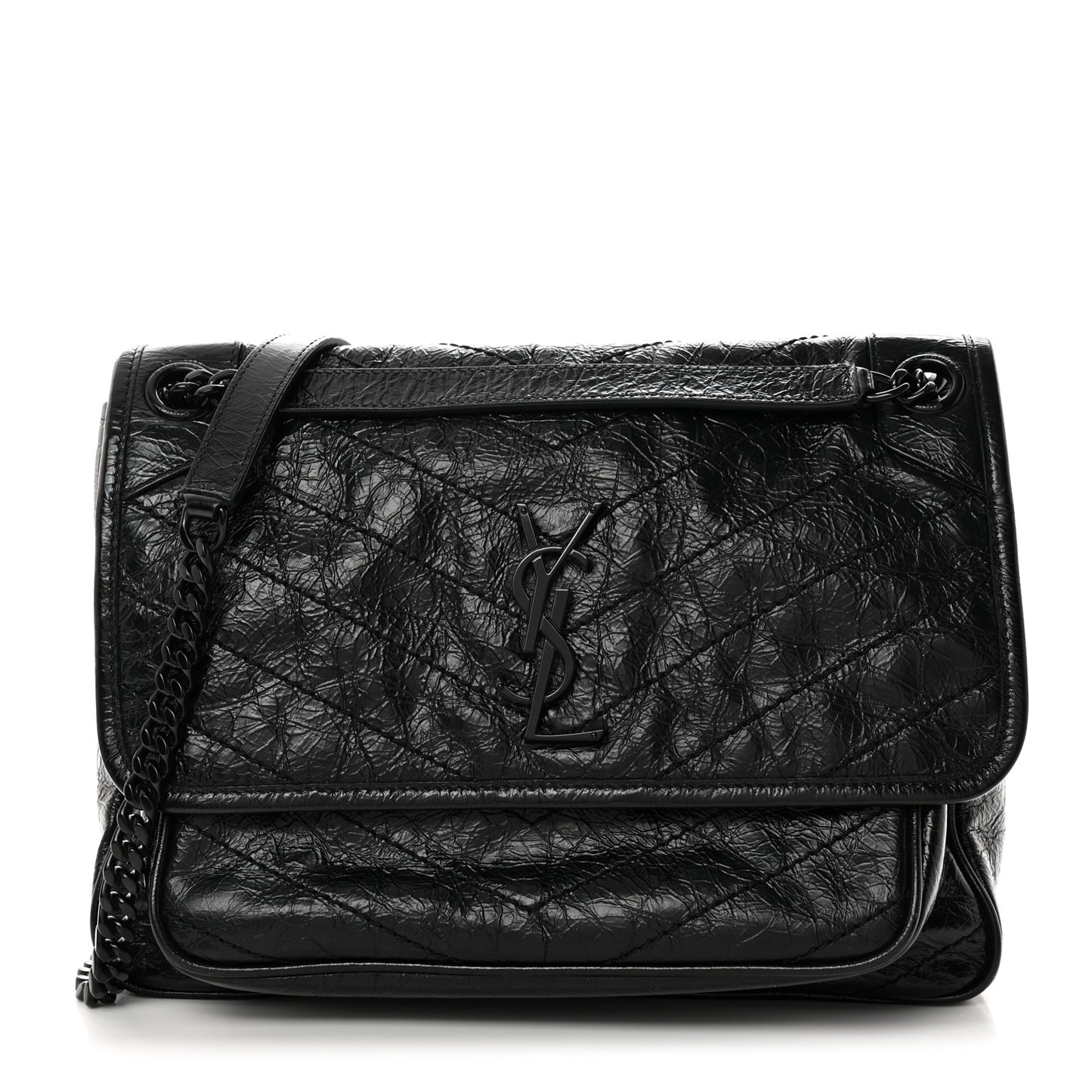 Crinkled Calfskin Matelasse Monogram Medium Niki Chain Satchel Black
