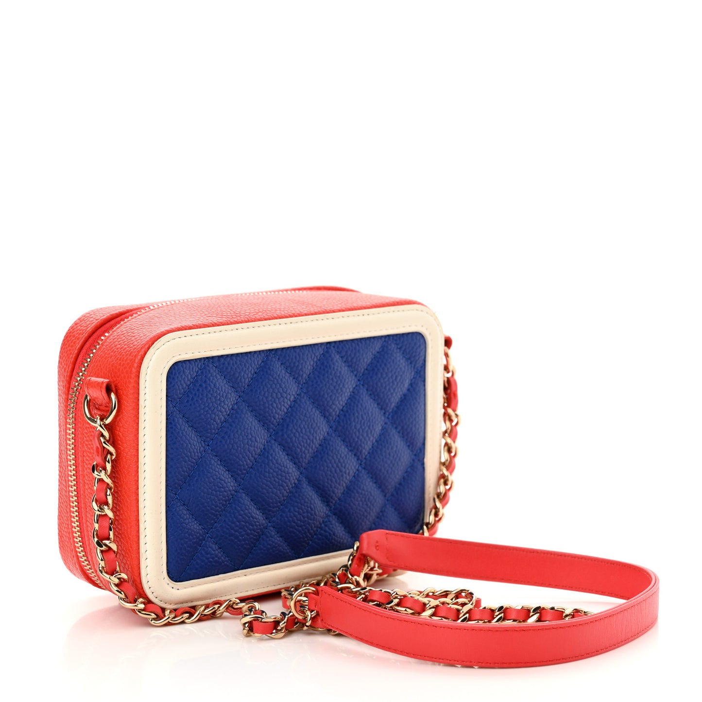 Caviar Quilted Filigree Vanity Clutch With Chain Blue White Red