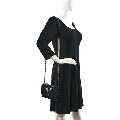 Chanel Wool Tweed Lambskin Quilted Chanel 19 Wallet On Chain WOC Blue Black 2 of 9