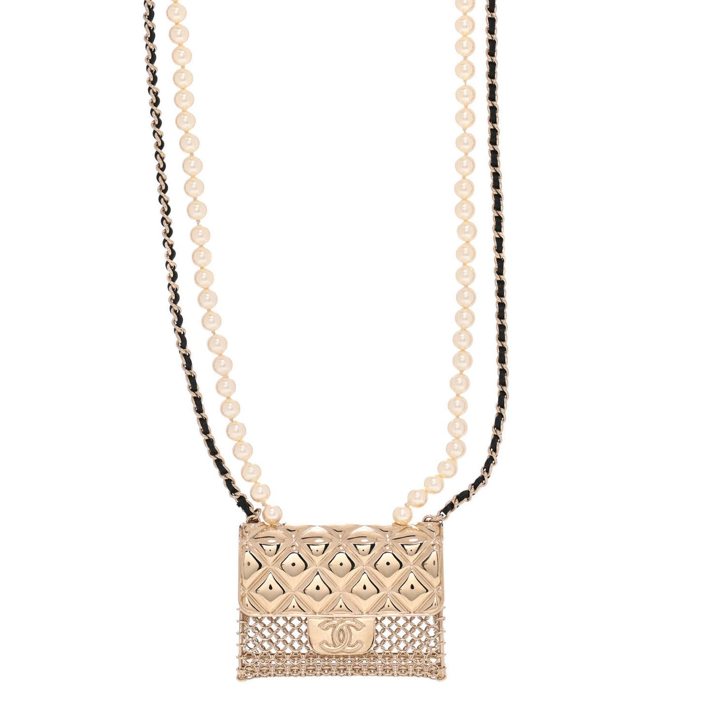 Metal Lambskin Pearl Chain Flap Bag Long Necklace Gold Black Pearly White