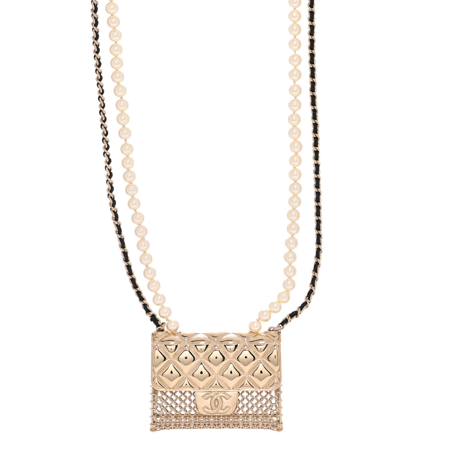 Chanel Metal Lambskin Pearl Chain Flap Bag Long Necklace Gold Black Pearly White 1 of 6