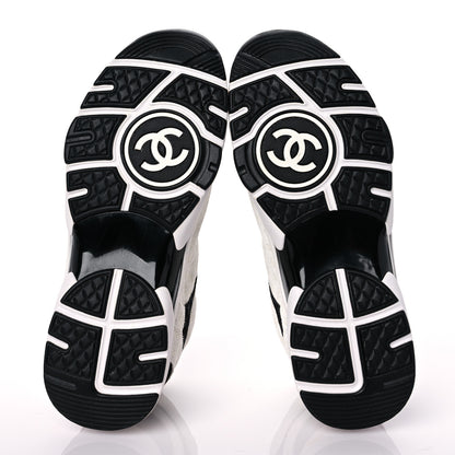 Chanel Suede Calfskin Womens CC Printed Sneakers 37.5 White Black 5 of 9