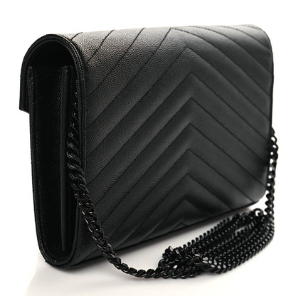 Saint Laurent Grain De Poudre Matelasse Chevron Monogram Monochrome Chain Wallet Black 3 of 6