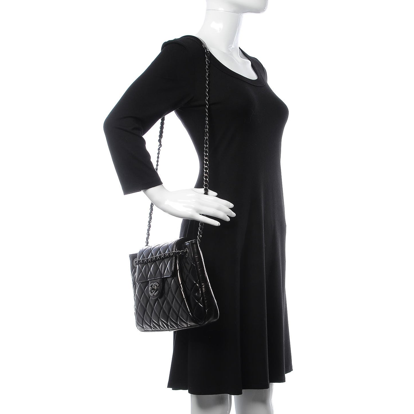 Glazed Calfskin Quilted Accordion Flap Black