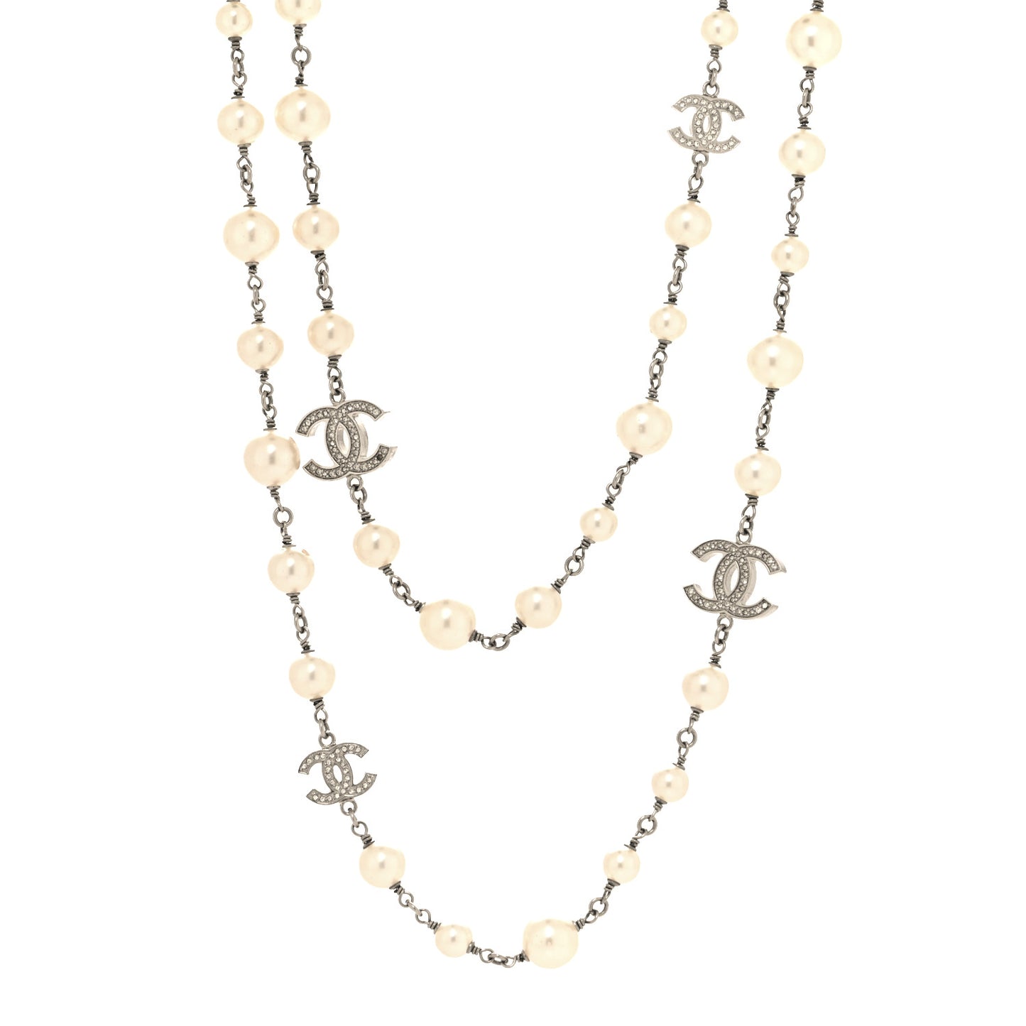 Graduated Pearl Crystal CC Long Necklace Silver