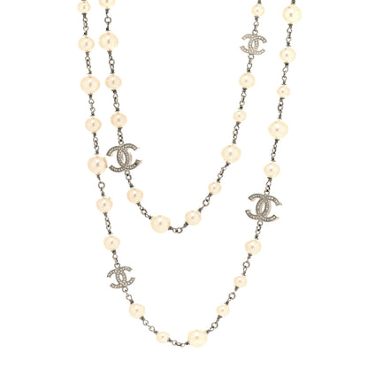 Chanel Graduated Pearl Crystal CC Long Necklace Silver 1 of 5