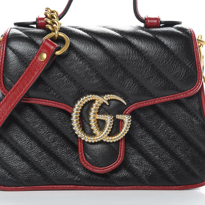 Gucci Vintage Effect Calfskin Matelasse Diagonal Mini Torchon GG Marmont Top Handle Shoulder Bag Black Romantic Cherry 8 of 10