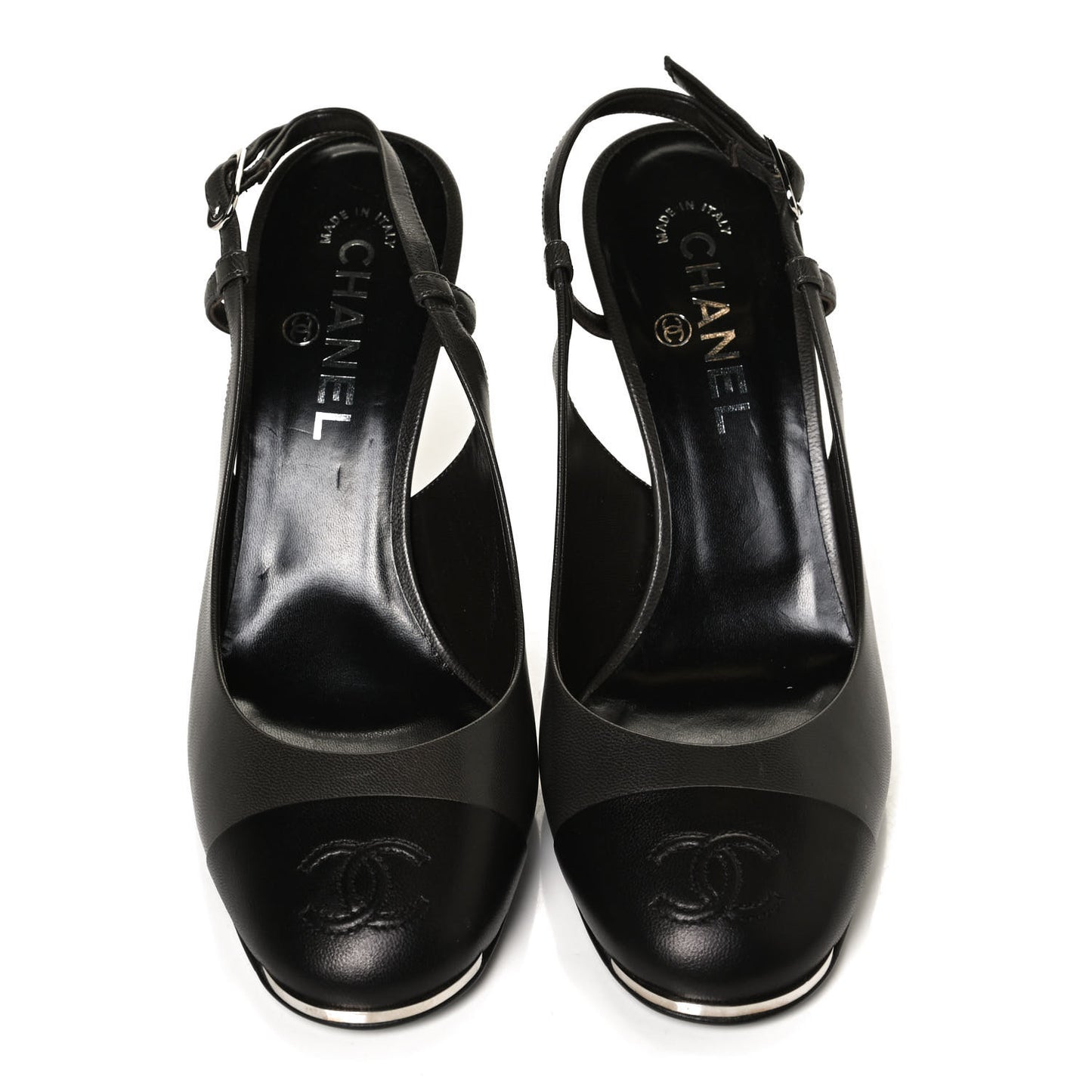 Lambskin Cap Toe CC Slingback Heels 39.5 Grey Black