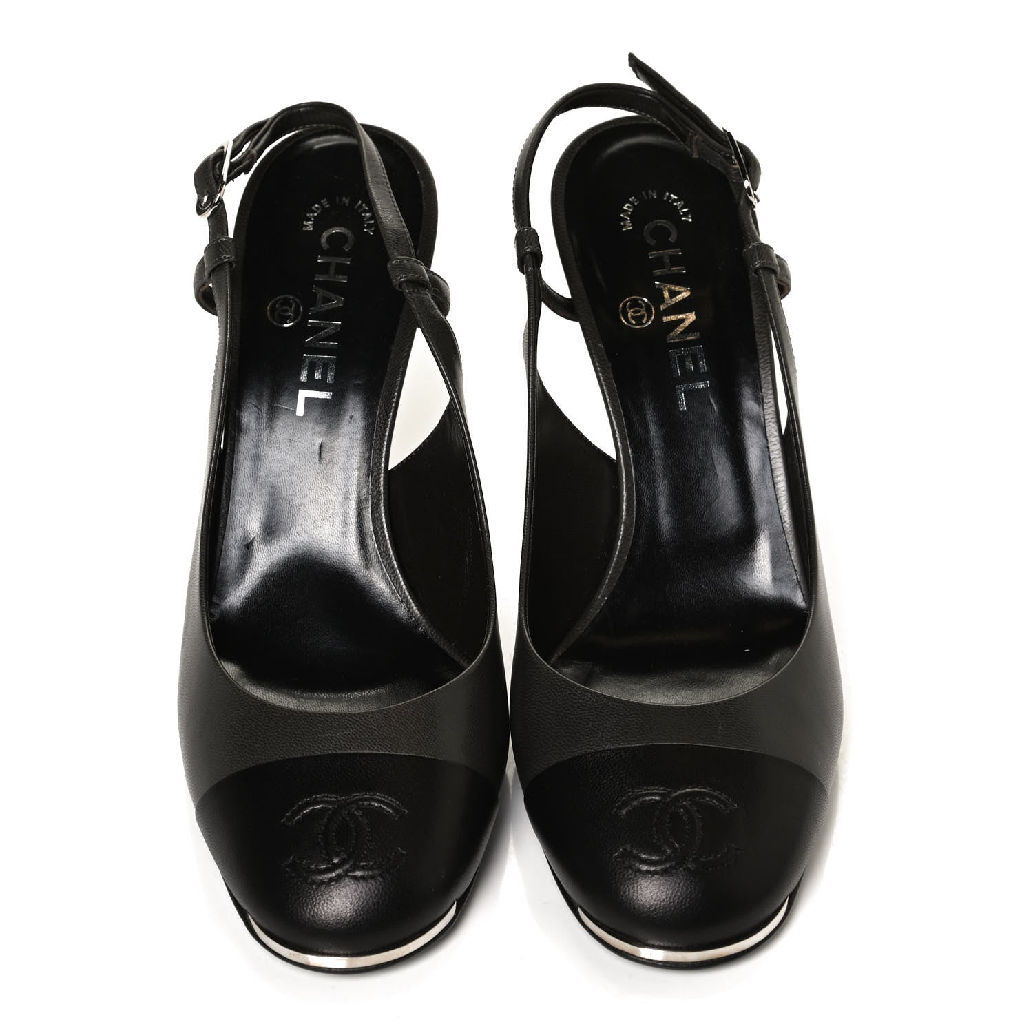 Chanel Lambskin Cap Toe CC Slingback Heels 39.5 Grey Black 5 of 11