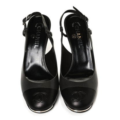 Chanel Lambskin Cap Toe CC Slingback Heels 39.5 Grey Black 5 of 11