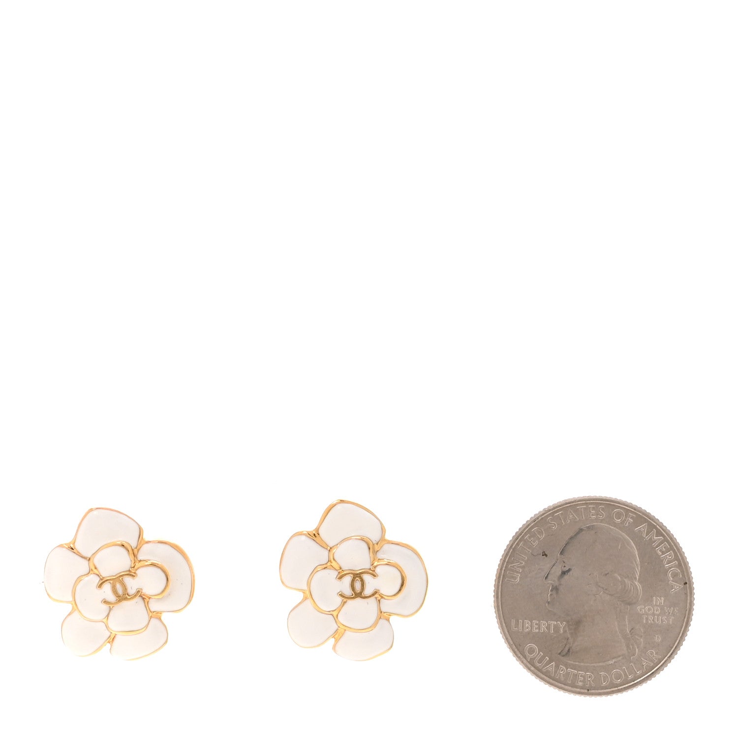 Chanel Metal Resin CC Camellia Stud Earrings Gold White 2 of 4