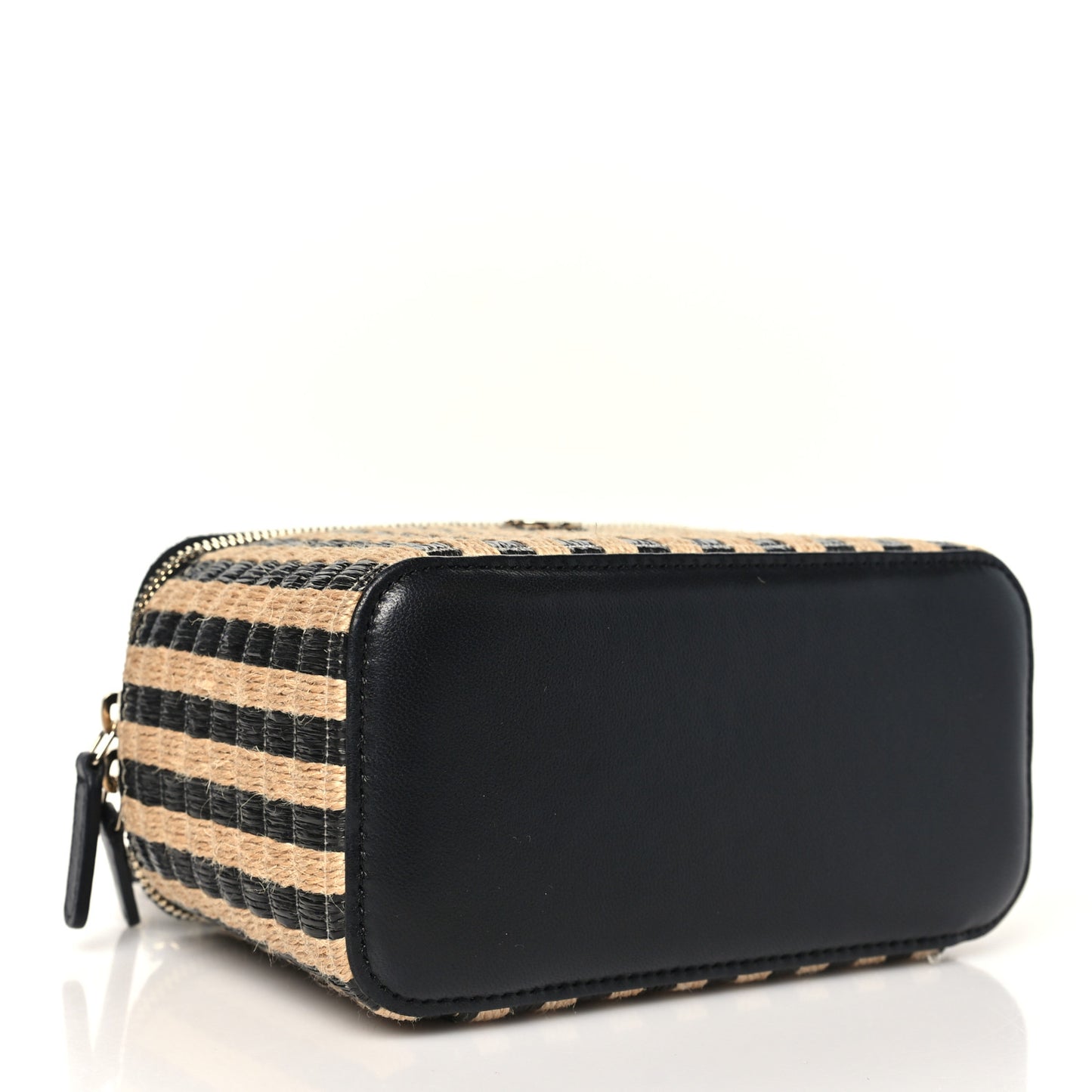Raffia Jute Striped Small Vanity Case With Chain Black Beige