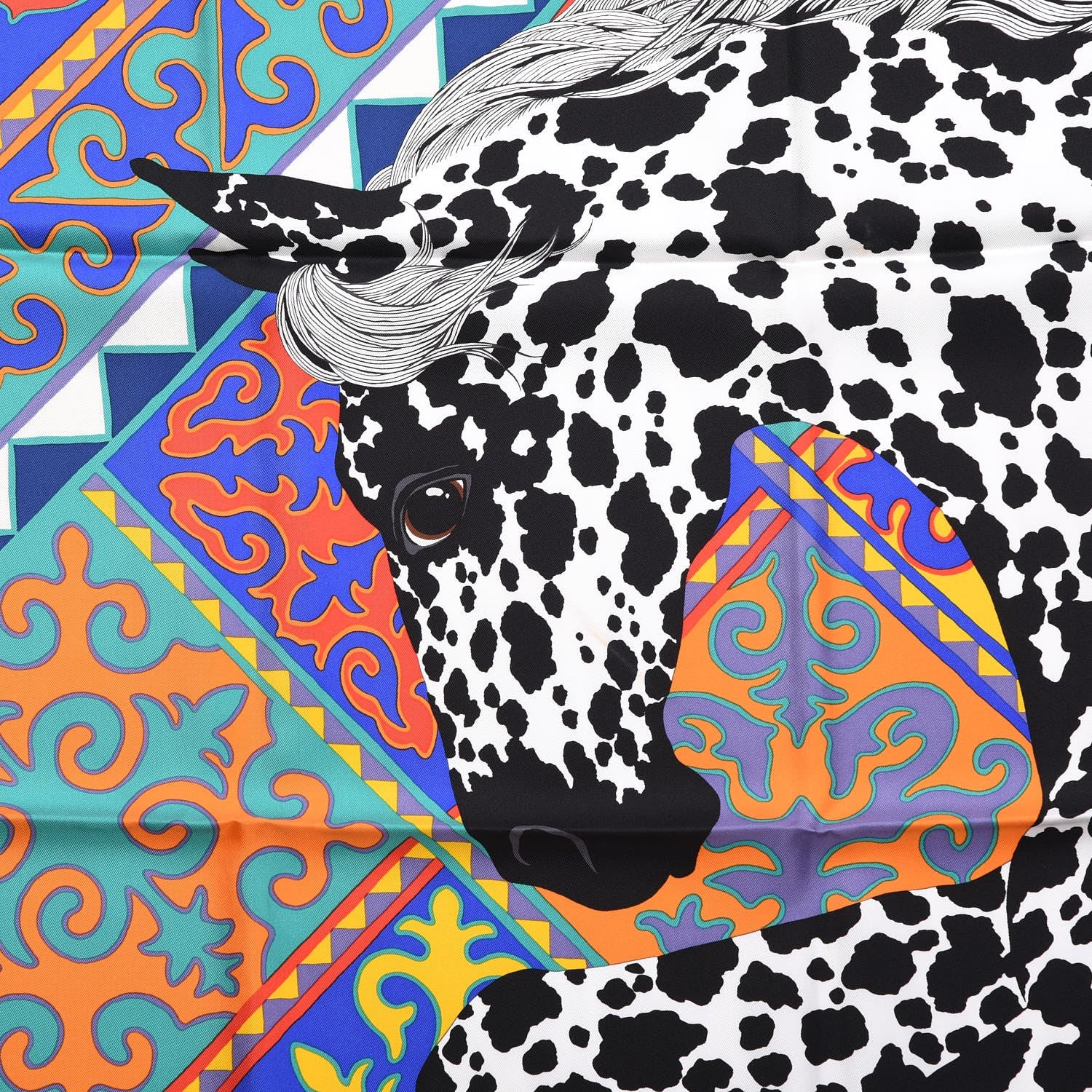 Hermes Silk Appaloosa Des Steppes Scarf 90 White Black Bleu 3 of 8