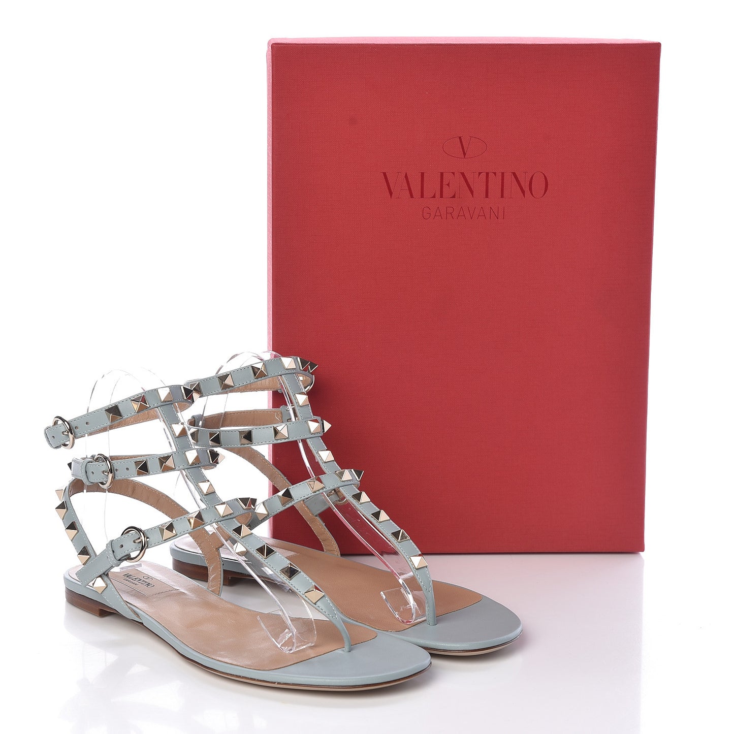 Nappa Rockstud Ankle Wrap Flat Thong Sandals 38.5 Celadon