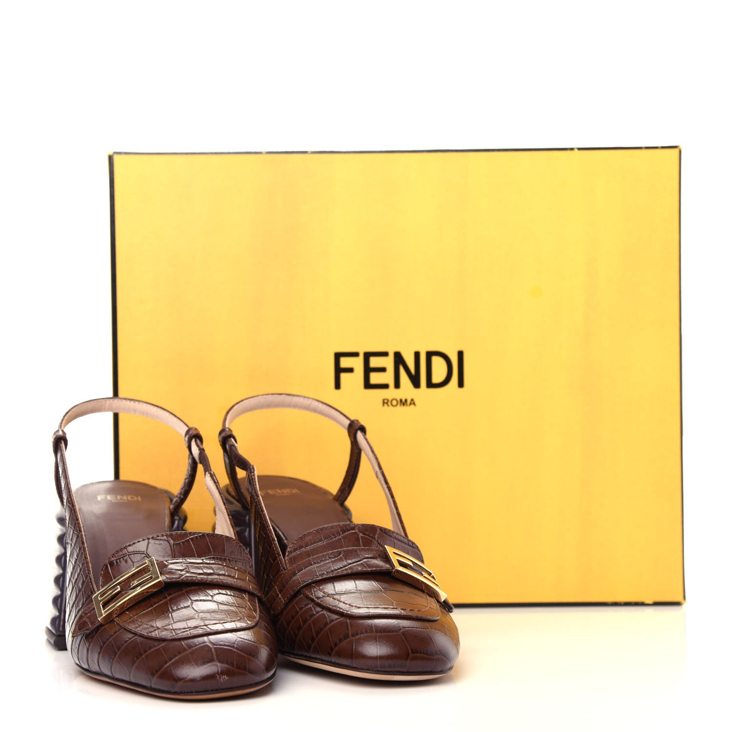 Fendi Calfskin Crocodile Embossed Promenade Slingback Loafer Pumps 36.5 Dark Brown 10 of 10