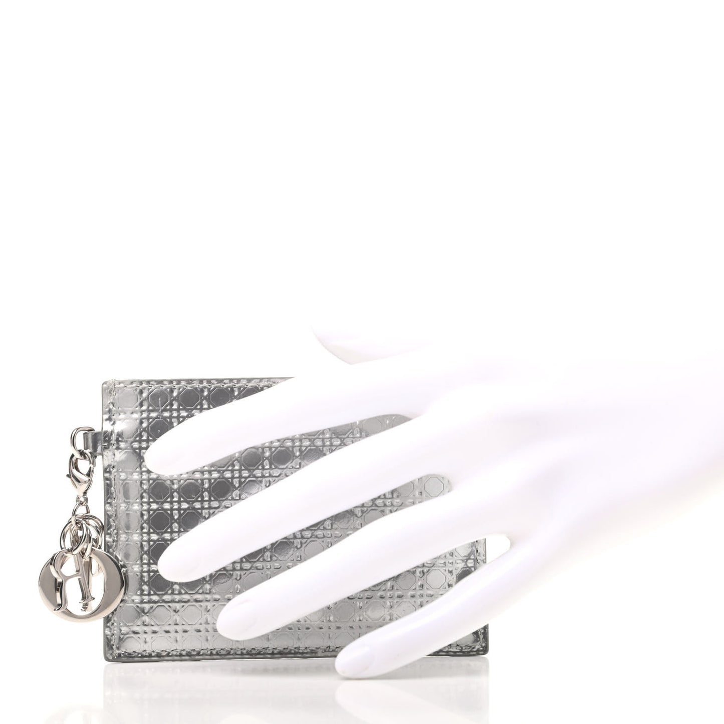 Metallic Patent Micro-Cannage Lady Dior Card Holder Silver
