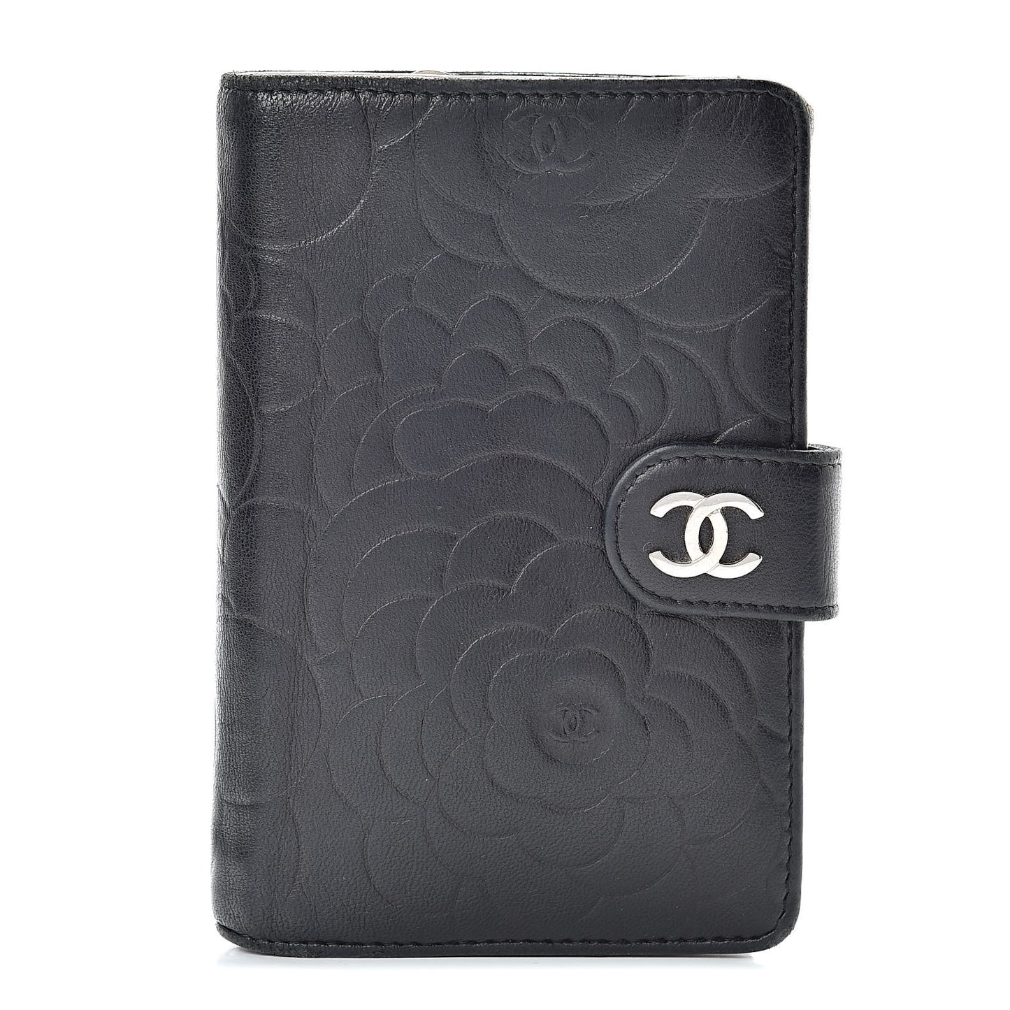 Lambskin Camellia Embossed Zipped Pocket Wallet Black