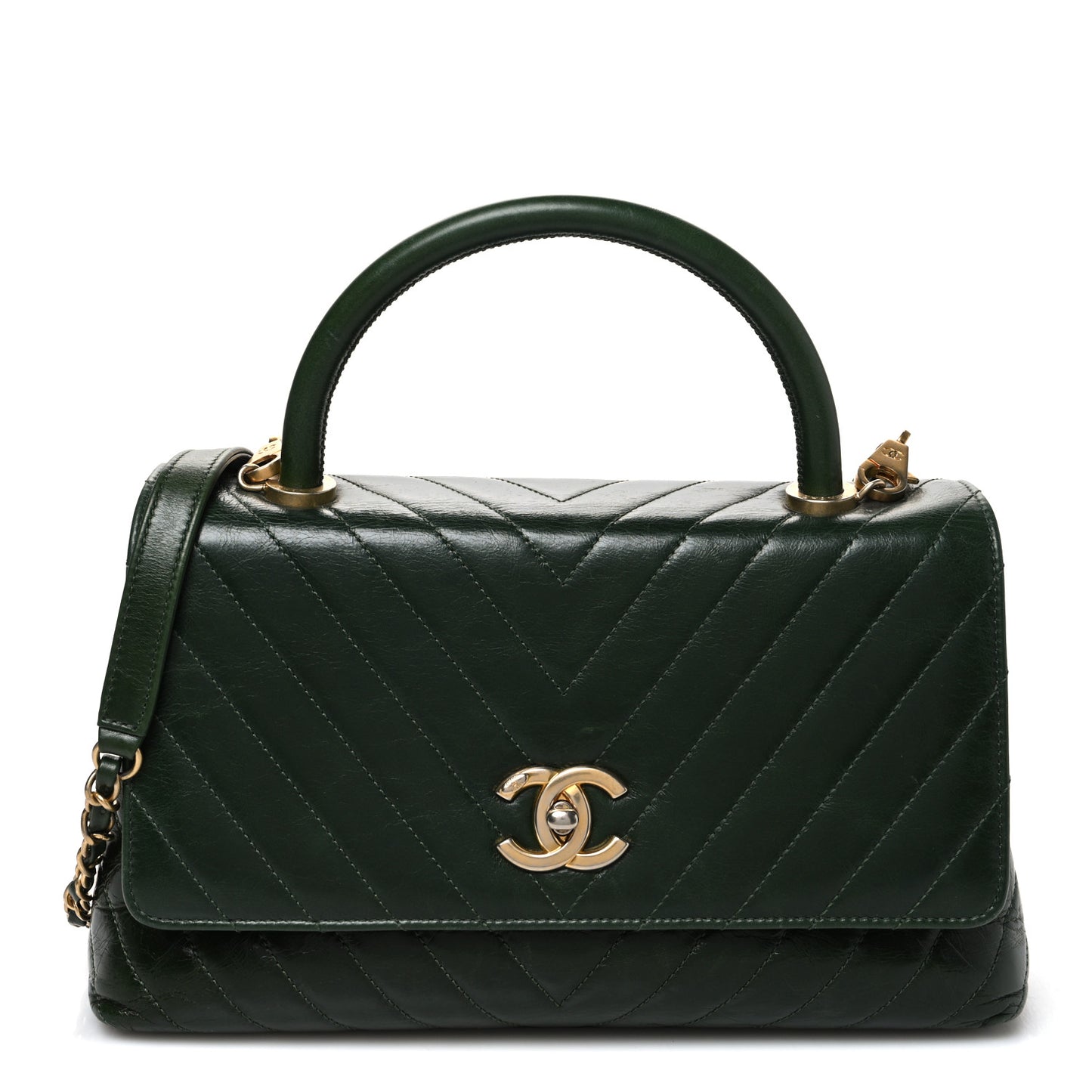 Calfskin Chevron Quilted Small Coco Handle Flap Green
