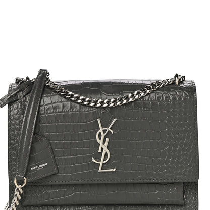 Saint Laurent Calfskin Crocodile Embossed Medium Monogram Sunset Dark Green 7 of 9