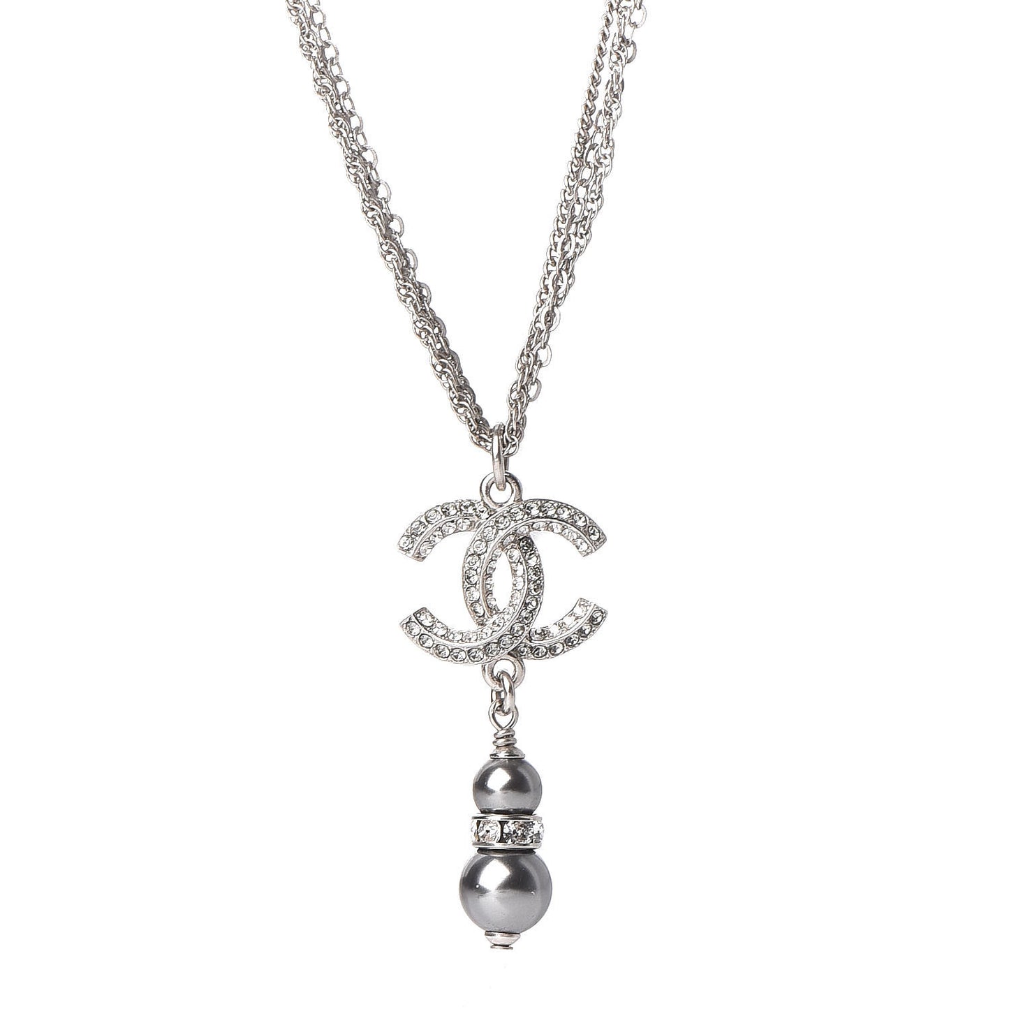 Pearl Crystal CC Drop Necklace Silver Dark Grey