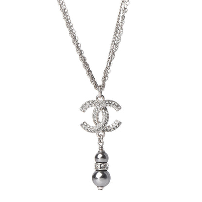 Chanel Pearl Crystal CC Drop Necklace Silver Dark Grey 4 of 6