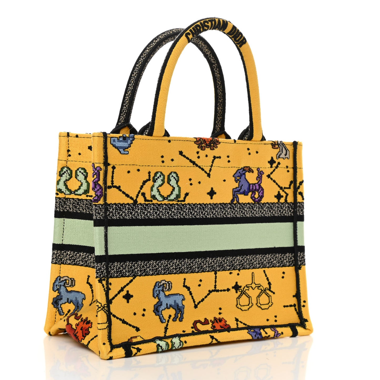 Canvas Embroidered Small Pixel Zodiac Book Tote Yellow Multicolor