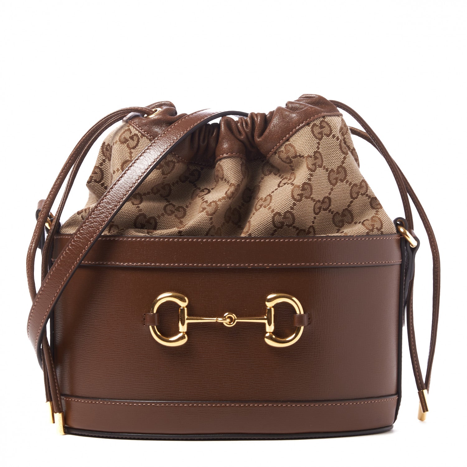 Gucci Monogram Textured Calfskin Horsebit 1955 Drawstring Bucket Bag Beige Brown Sugar 1 of 10