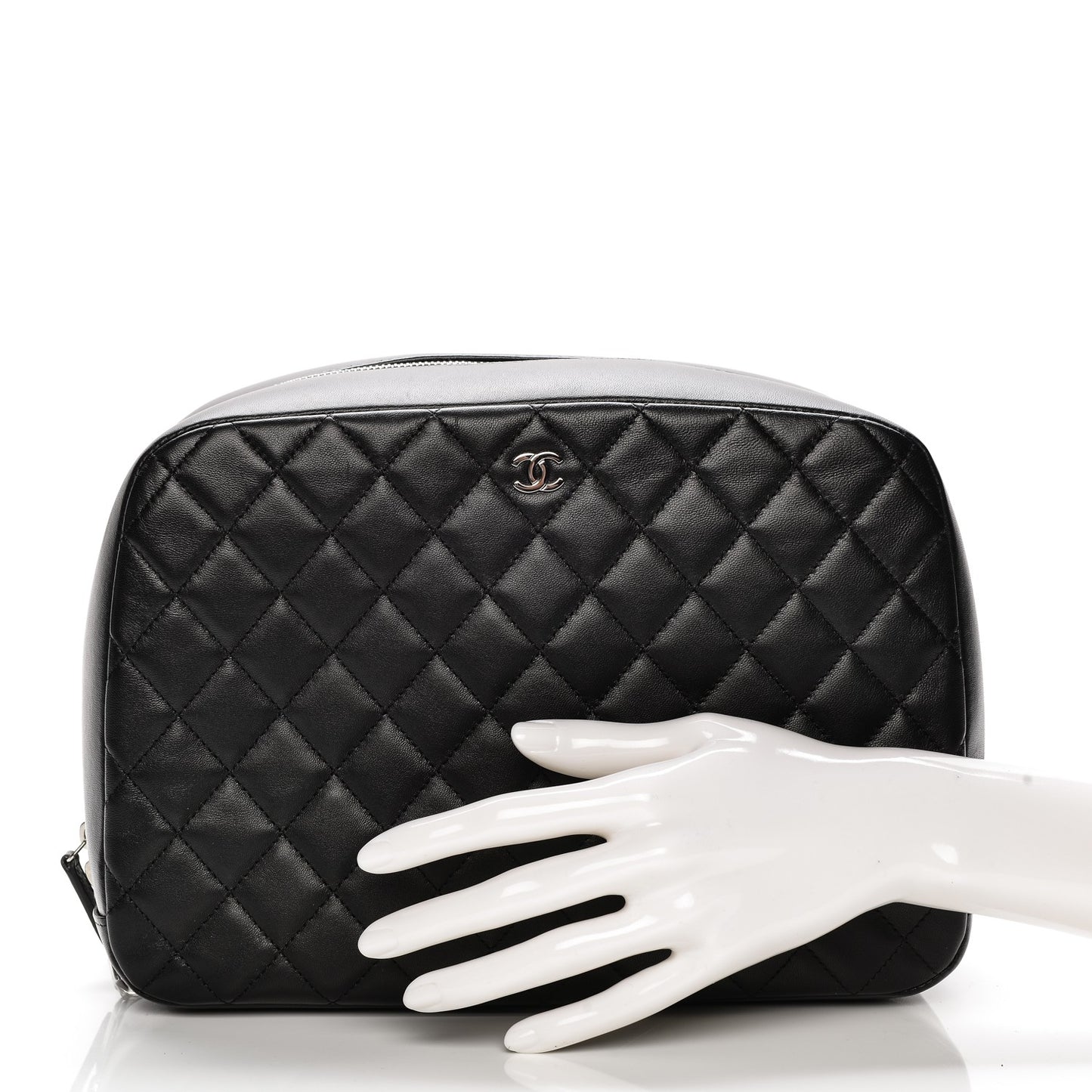 Lambskin Quilted Large Curvy Pouch Cosmetic Case Black